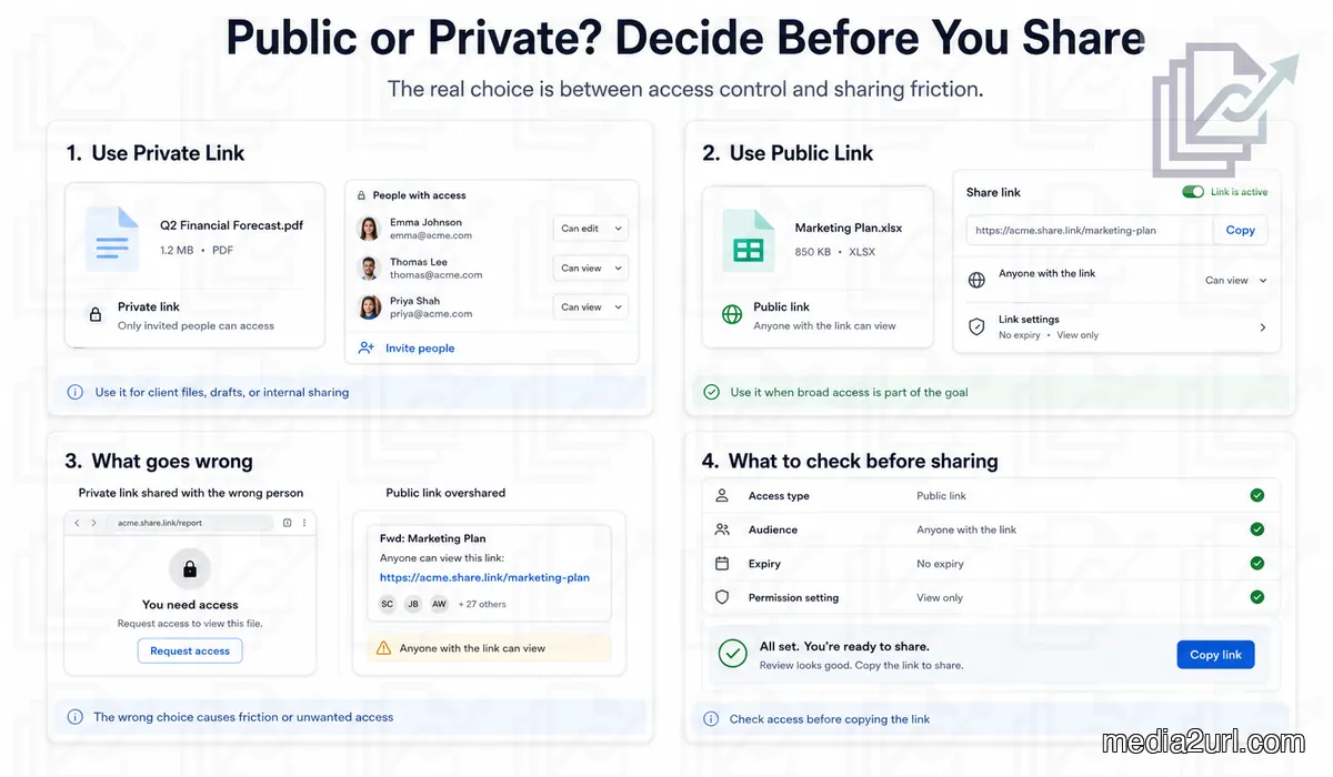 SaaS content image showing when to use a public link and when to keep a file private with access control and sharing examples